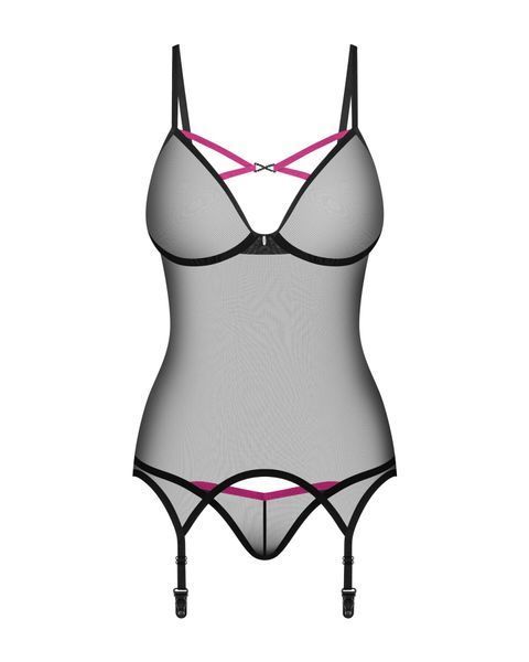 Корсет Obsessive Novenes corset & thong, M/L, прозорий, відкрита спина, стрінги в комплекті SX0614 фото
