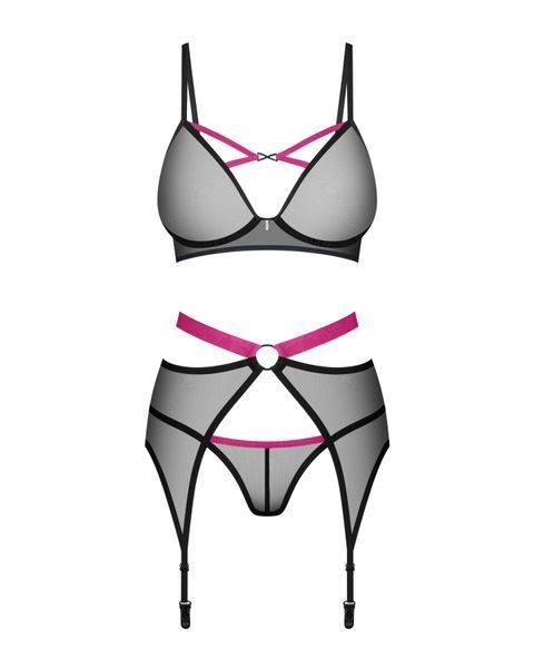 Комплект Obsessive Novenes 3-pcs set, XL/2XL, прозорий ліф на кісточках, стрінги, пояс SX0618 фото