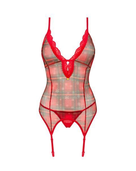Корсет Obsessive Jollymore corset, XS/S, у клітинку, з мереживом, пажі для панчіх, стрінги в комплекті SX1149 фото