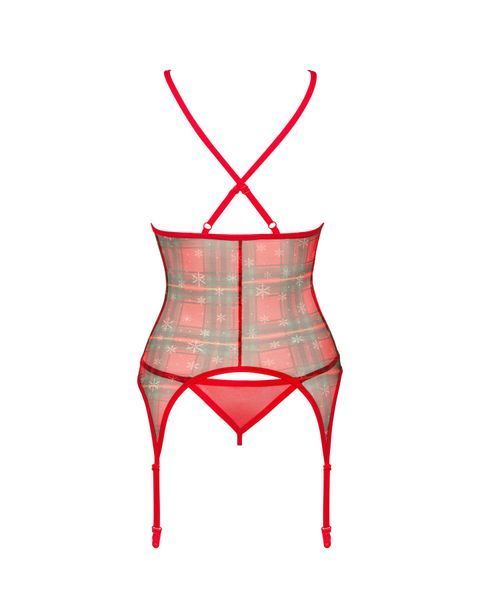 Корсет Obsessive Jollymore corset, XS/S, у клітинку, з мереживом, пажі для панчіх, стрінги в комплекті SX1149 фото