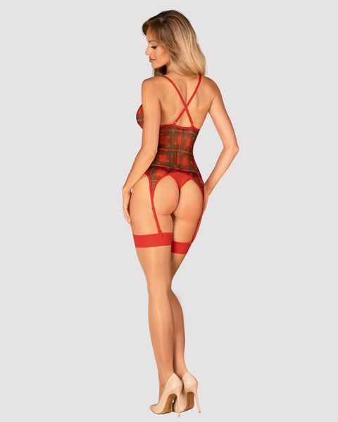 Корсет Obsessive Jollymore corset, XS/S, у клітинку, з мереживом, пажі для панчіх, стрінги в комплекті SX1149 фото