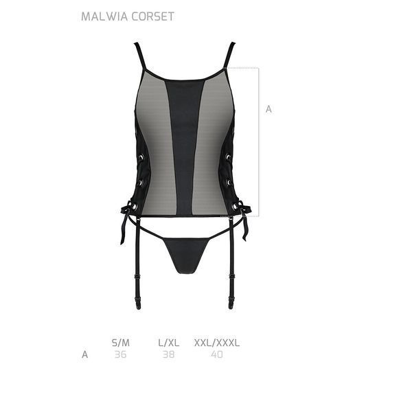 Сітчастий корсет з люверсами та знімними пажами Passion MALWIA CORSET L/XL black, екошкіра, стрінги SO5765 фото
