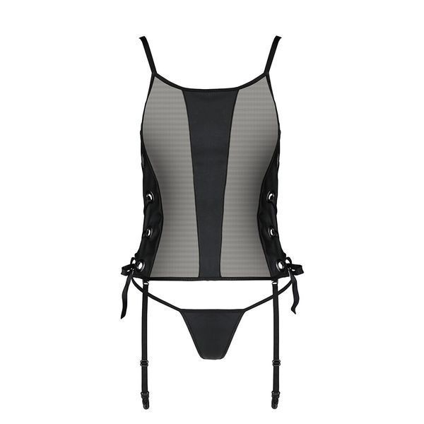 Сітчастий корсет з люверсами та знімними пажами Passion MALWIA CORSET L/XL black, екошкіра, стрінги SO5765 фото