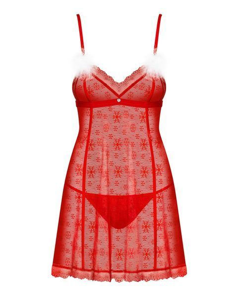 Новорічна сорочка Obsessive Claussica S/M, червона, прозора з візерунком, стрінги в комплекті SX3081 фото