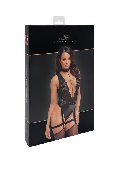 Боді Noir Handmade F297 Libido, L, чорне, мереживо, низ під латекс, відкритий доступ, гартери SX0221 фото