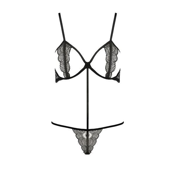 Комплект білизни Passion Exclusive QUENTRIS BIKINI S/M, black, стрінги і напіввідкритий ліф PS26602 фото
