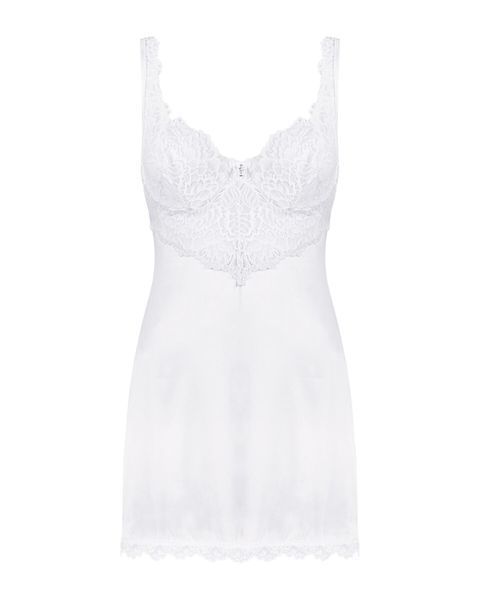 Сорочка Obsessive Amor Blanco underwire chemise & thong, S/M, біла, мереживний ліф, стрінги в наборі SX1126 фото